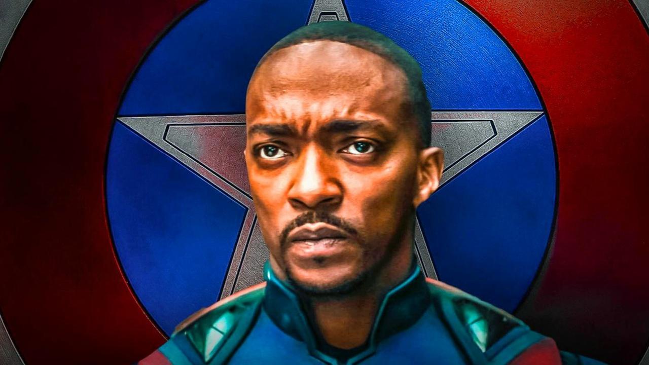 Captain America, played by Anthony Mackie, Captain America shield in background