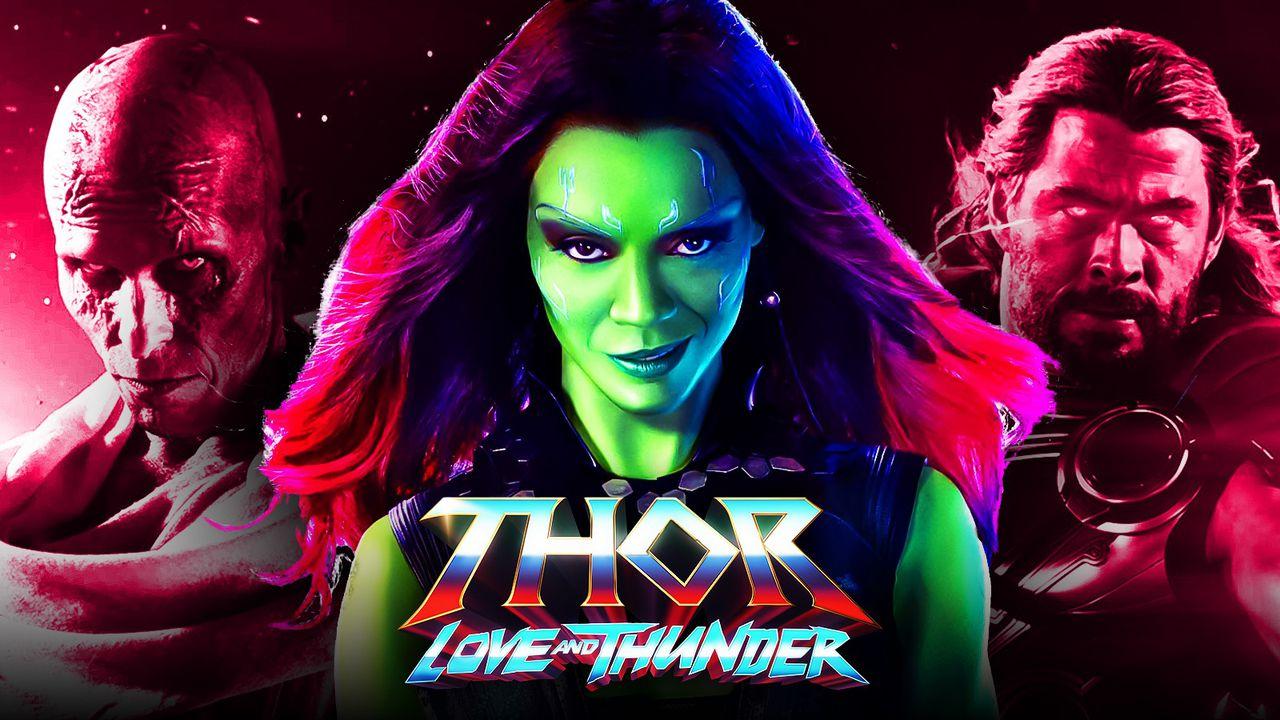 Gorr, Gamora, Thor, Thor: Love and Thunder logo