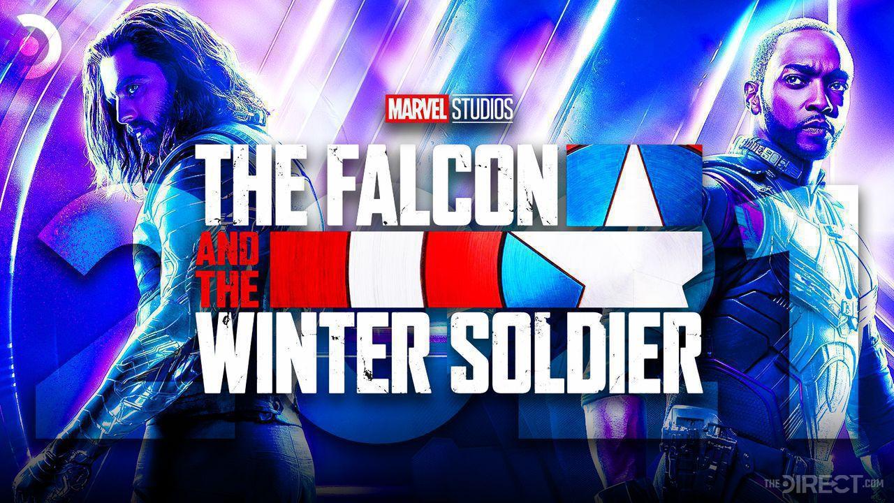 Sebastian Stan as Bucky, The Falcon and the Winter Soldier logo, Anthony Mackie as Falcon, 2021 text