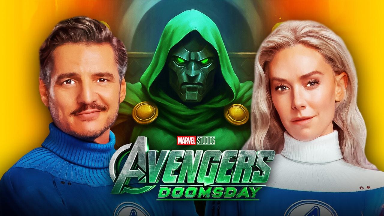Reed Richards, Doctor Doom, Sue Storm, Avengers Doomsday logo