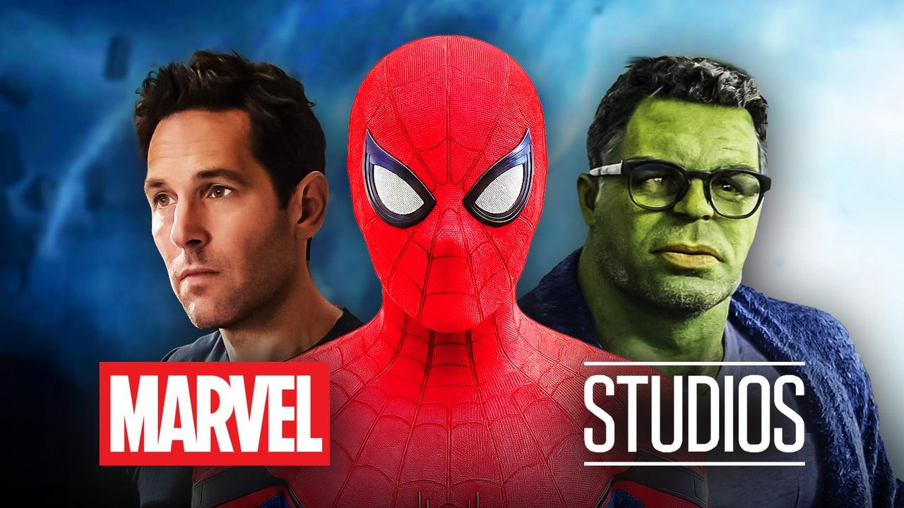 Ant-Man, Spider-Man, and Smart Hulk behind the Marvel Studios logo.