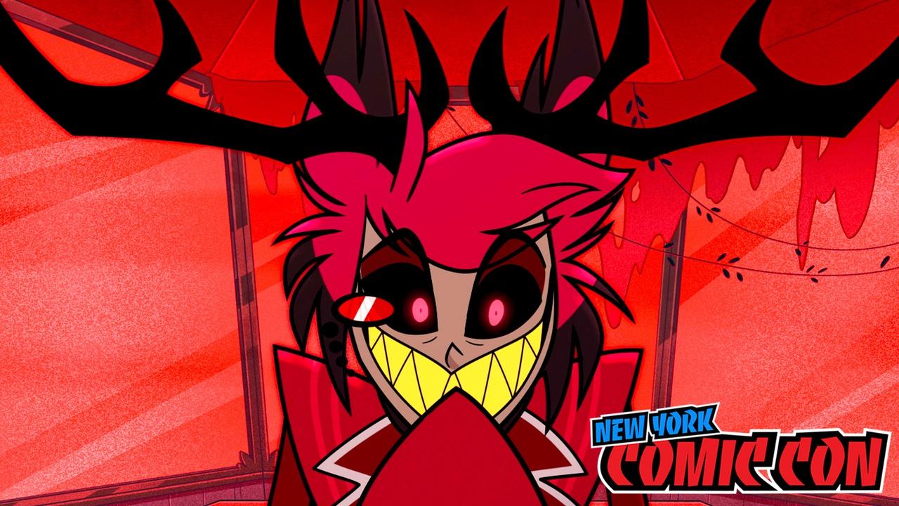 Alastor smiling in Hazbin Hotel; New York Comic-Con logo.