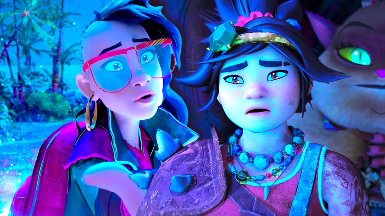 The characters of Forgotten Island looking concerned.