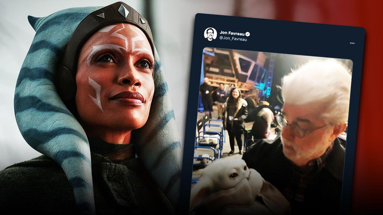 Rosario Dawson as Ahsoka Tano on left with George Lucas tweet on right