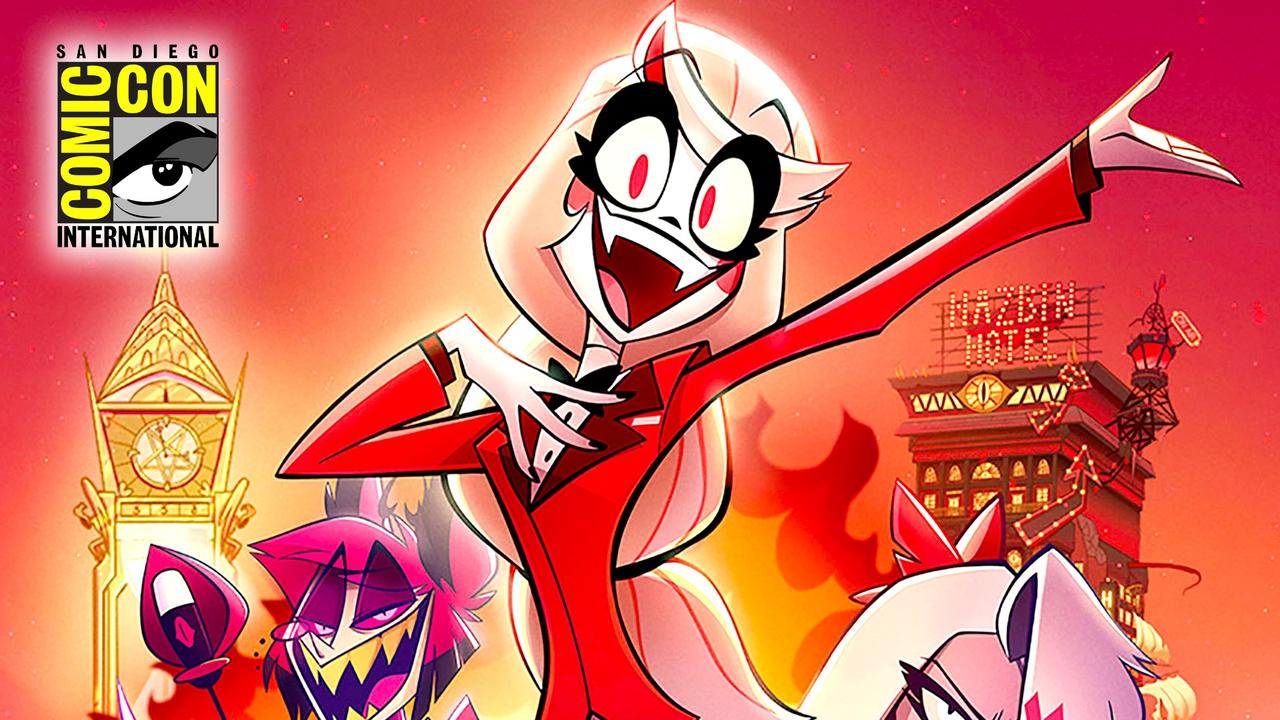 Hazbin Hotel and Helluva Boss characters; San Diego Comic-Con logo