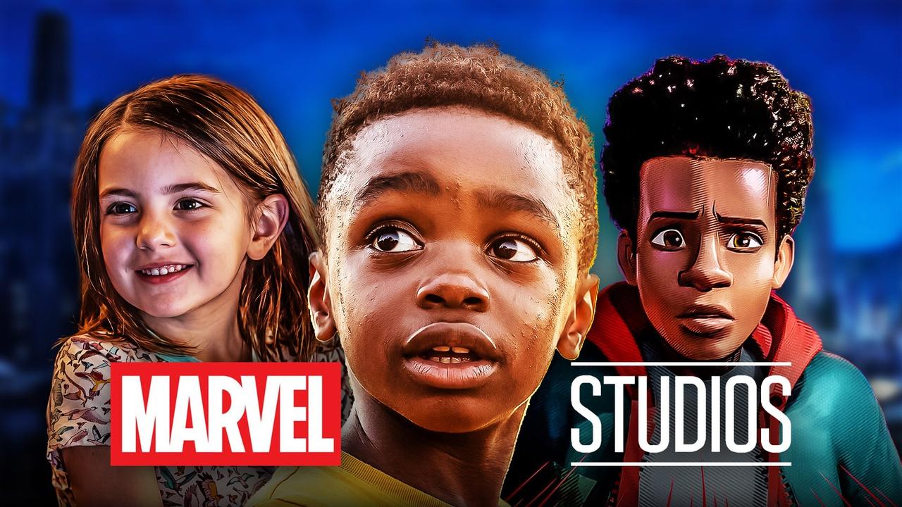 T’Challa Jr., Morgan Stark, and Miles Morales behind the Marvel Studios logo.