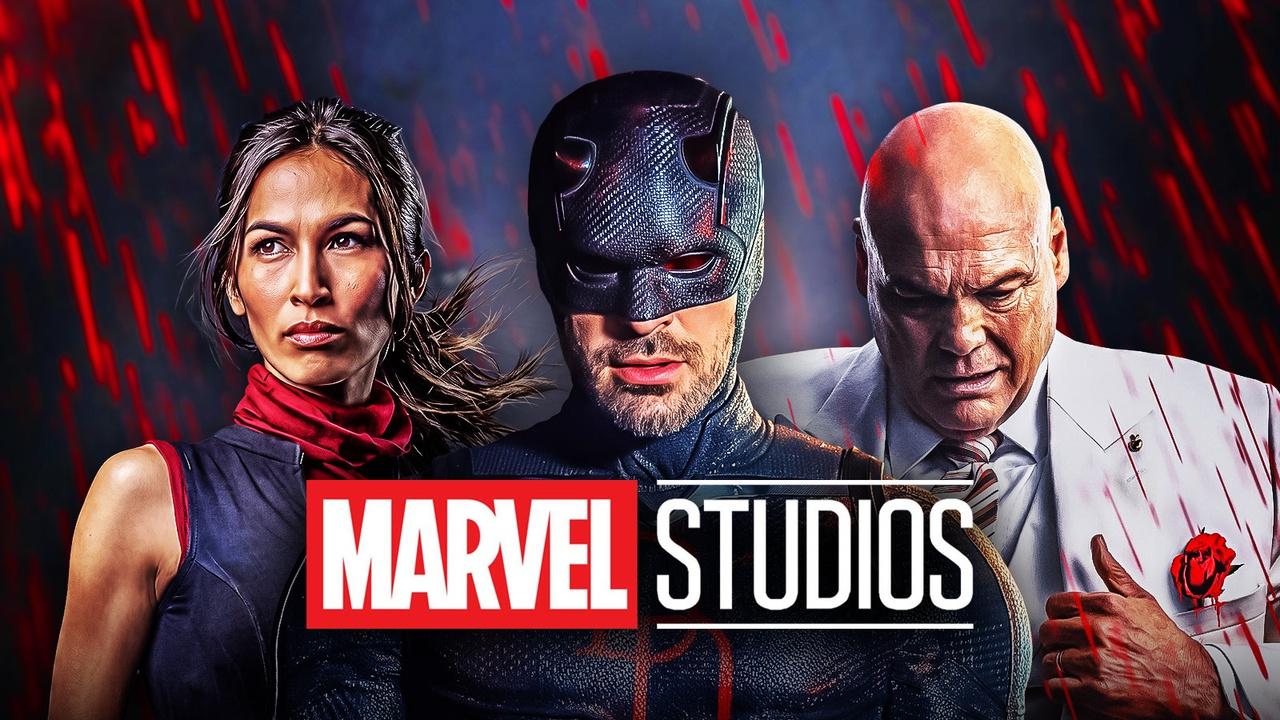 Daredevil, Elektra, and Kingpin behind the Marvel Studios logo.
