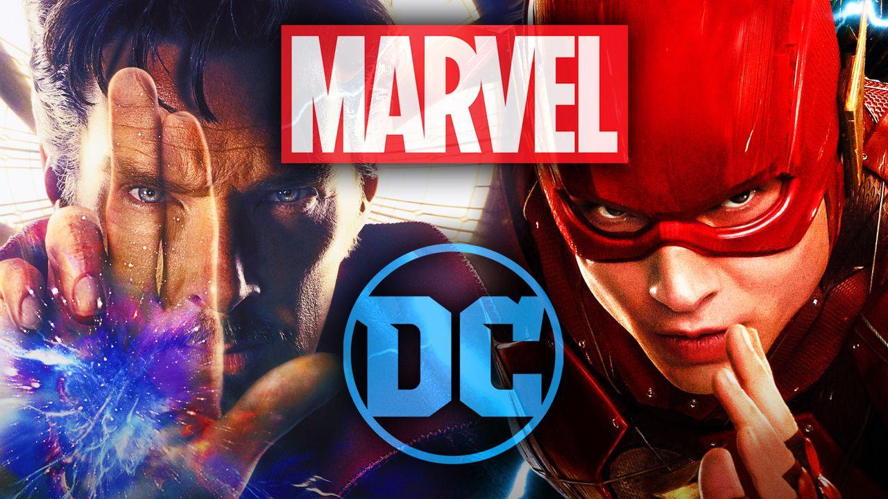 Dr. Strange and The Flash with Marvel and DC Logos