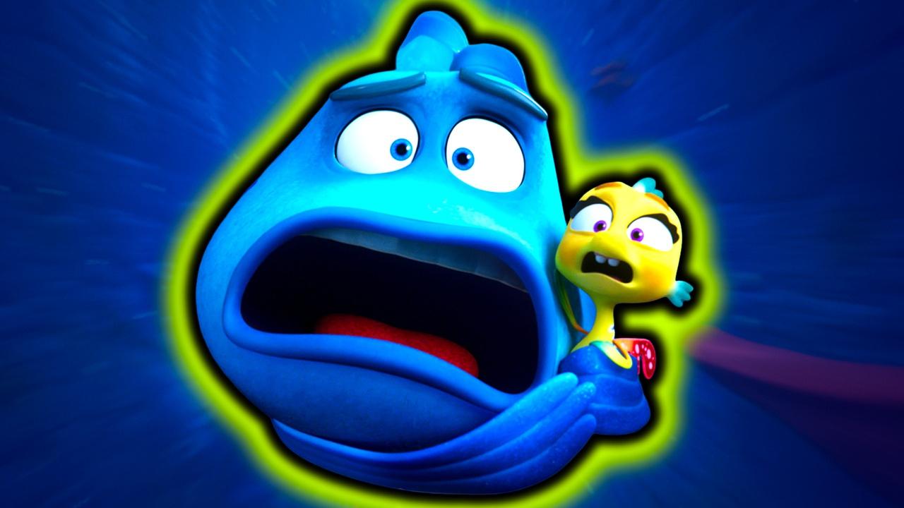 The animated Pout-Pout Fish holding a smaller, yellow fish.