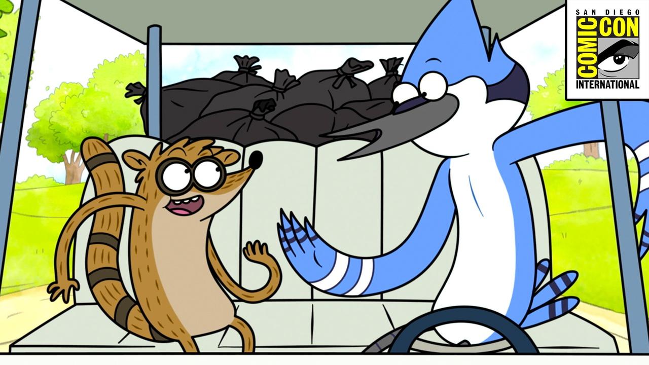 Mordecai and Rigby in Regular Show: The Lost Tapes, San Diego Comic-Con logo in top right corner.