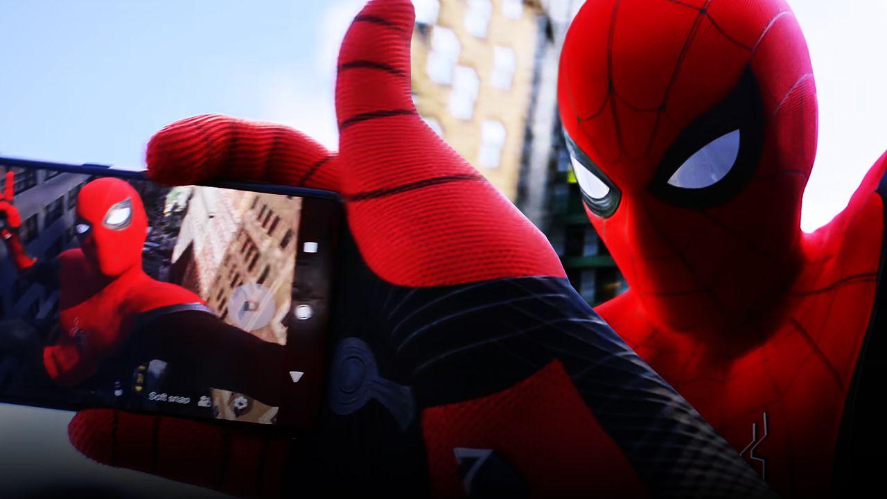 Spider-Man taking photo of himself with phone while swinging