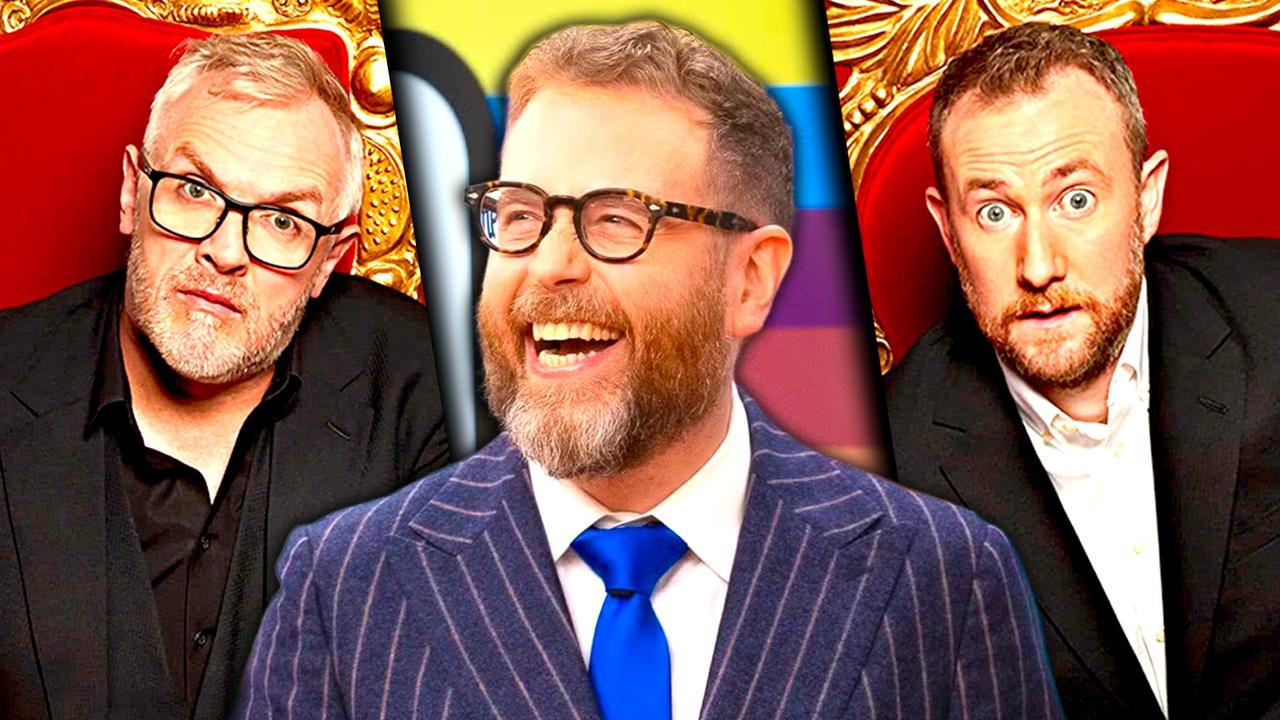 Taskmaster hosts Greg Davies and Alex Horne with Game Changer's Sam Reich.