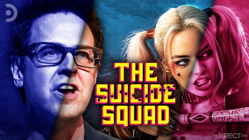 James Gunn and Harley Quinn with Suicide Squad logo