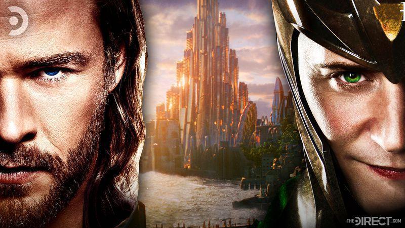 Thor's face on the left, Loki's face on the right, and an overlook of Asgard's royal castle