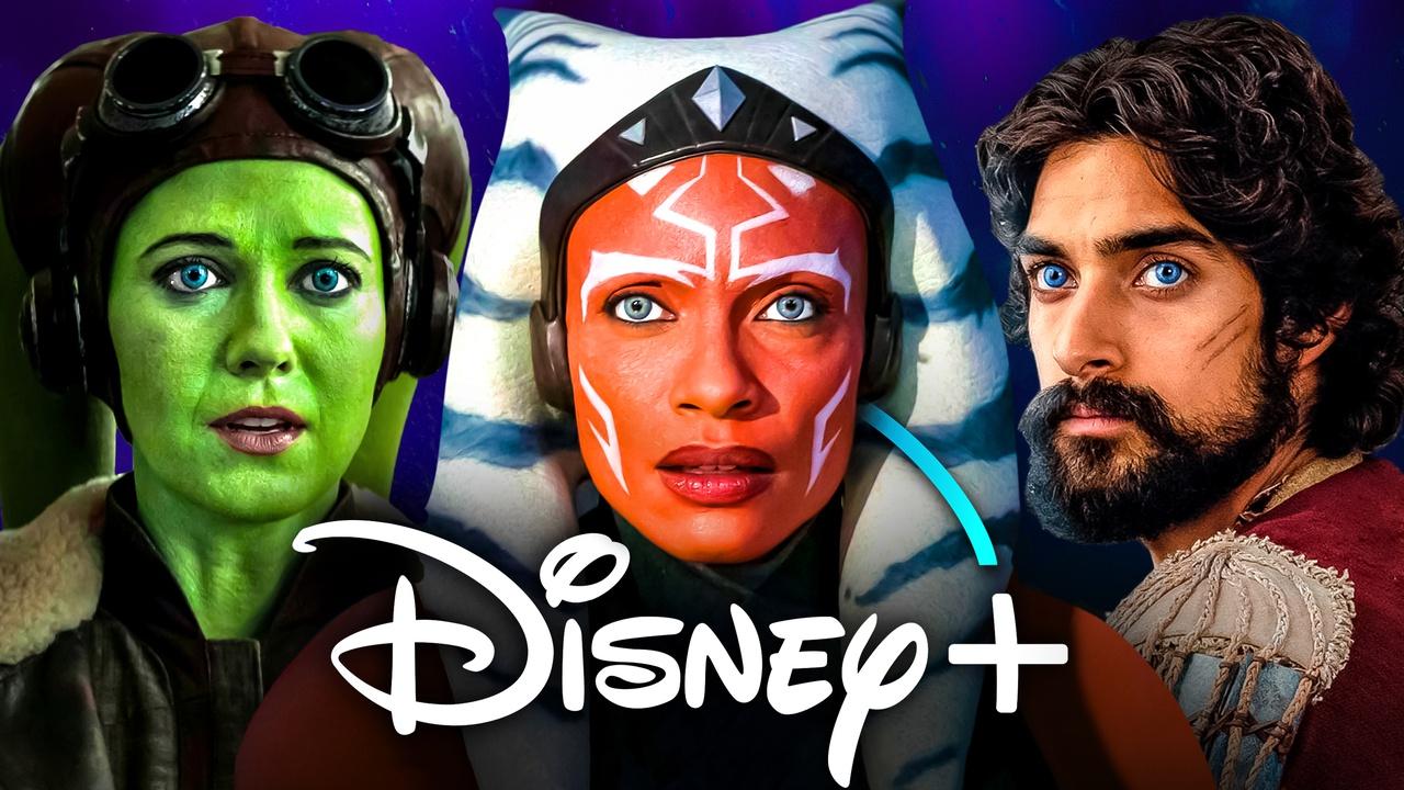 Ahsoka live-action characters Hera Syndula, Ahsoka Tano, Ezra Bridger, Disney Plus logo