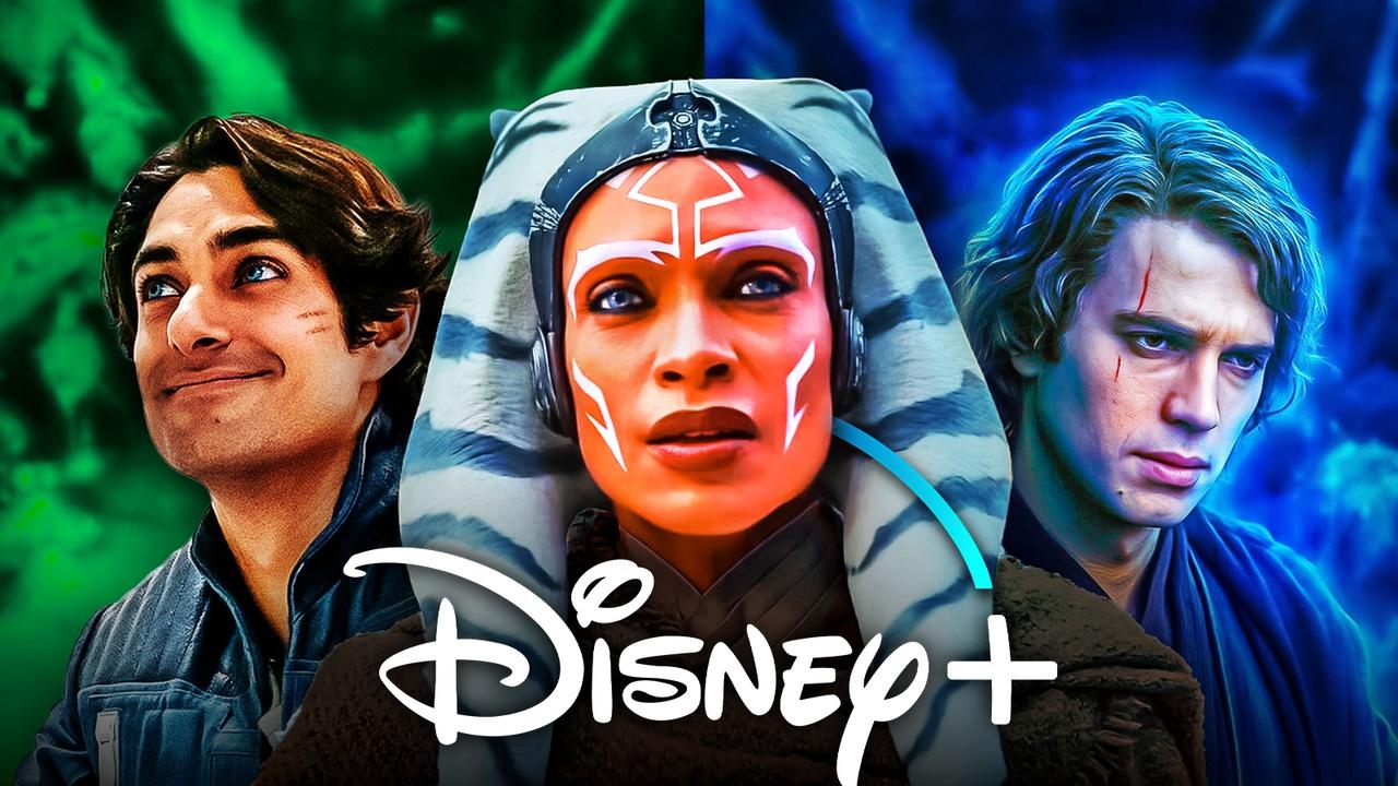Ahsoka Season 2 characters Ahsoka Tano, Ezra Bridger, Anakin Skywalker, Disney Plus logo