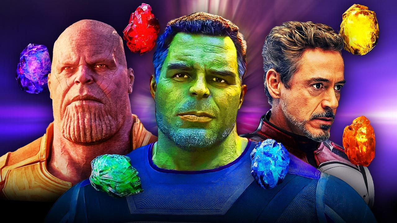 Thanos, Hulk and Tony Stark surrounded by Infinity Stones