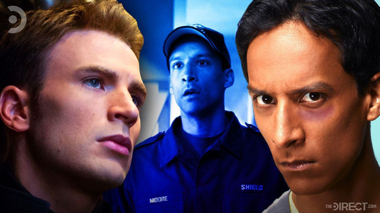 Chris Evans as Captain America, Danny Pudi as a SHIELD Agent, Danny Pudi close up