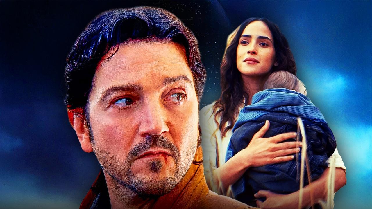 Cassian Andor and Bix holding baby