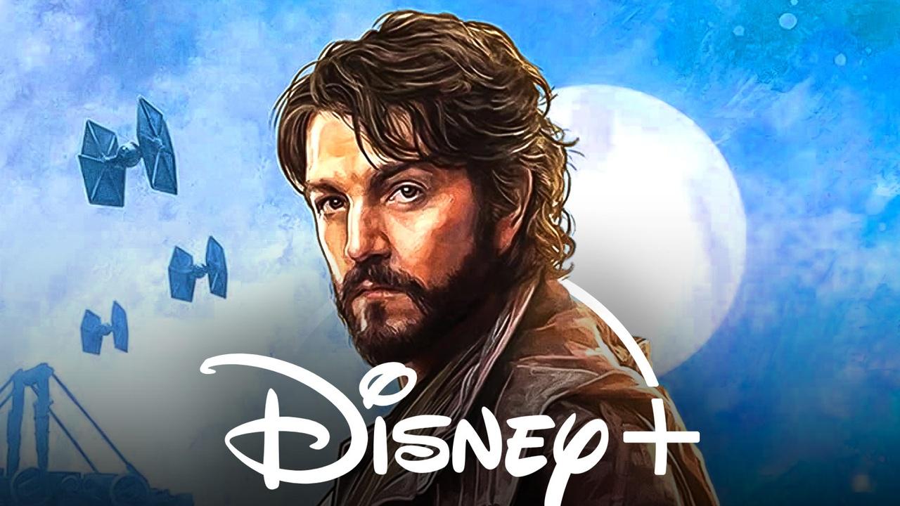 Diego Luna in Andor, Disney+ logo.