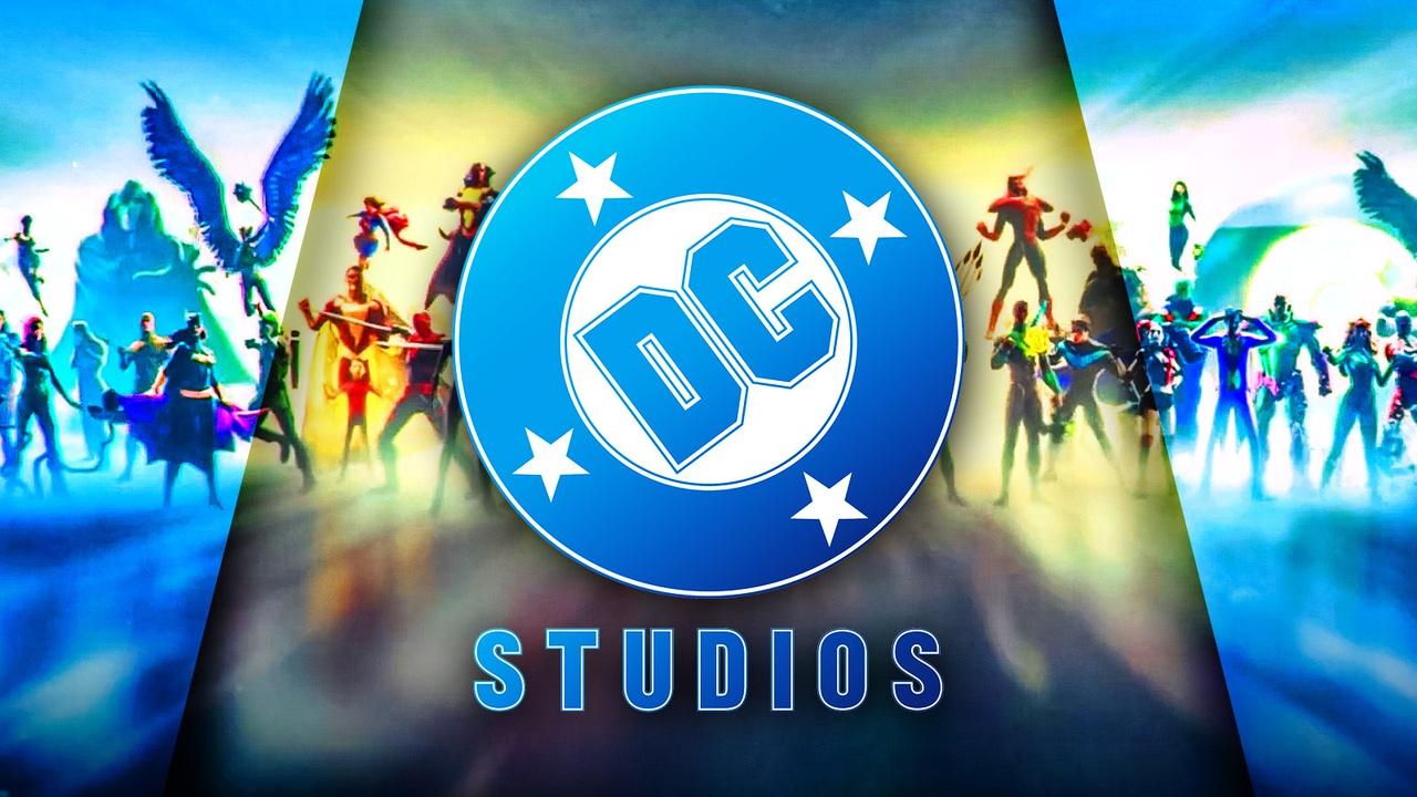 DC Studios logo with Justice League background