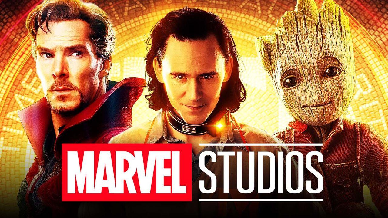 Tom Hiddleston as Loki, Benedict Cumberbatch as Doctor Strange, Baby Groot, Marvel Studios logo