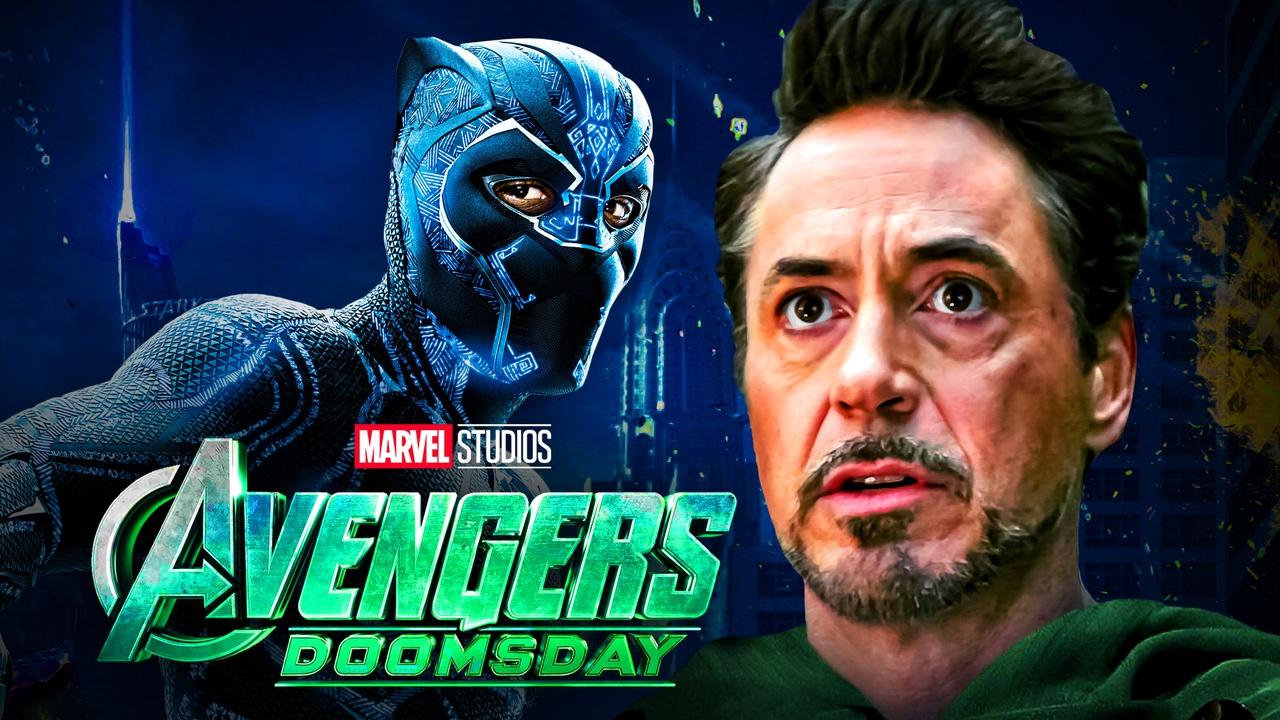 Black Panther, Avengers Doomsday logo, Robert Downey Jr face