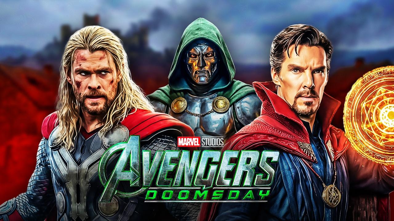 Doctor Doom, Thor, and and Doctor Strange before the Avengers: Doomsday logo.