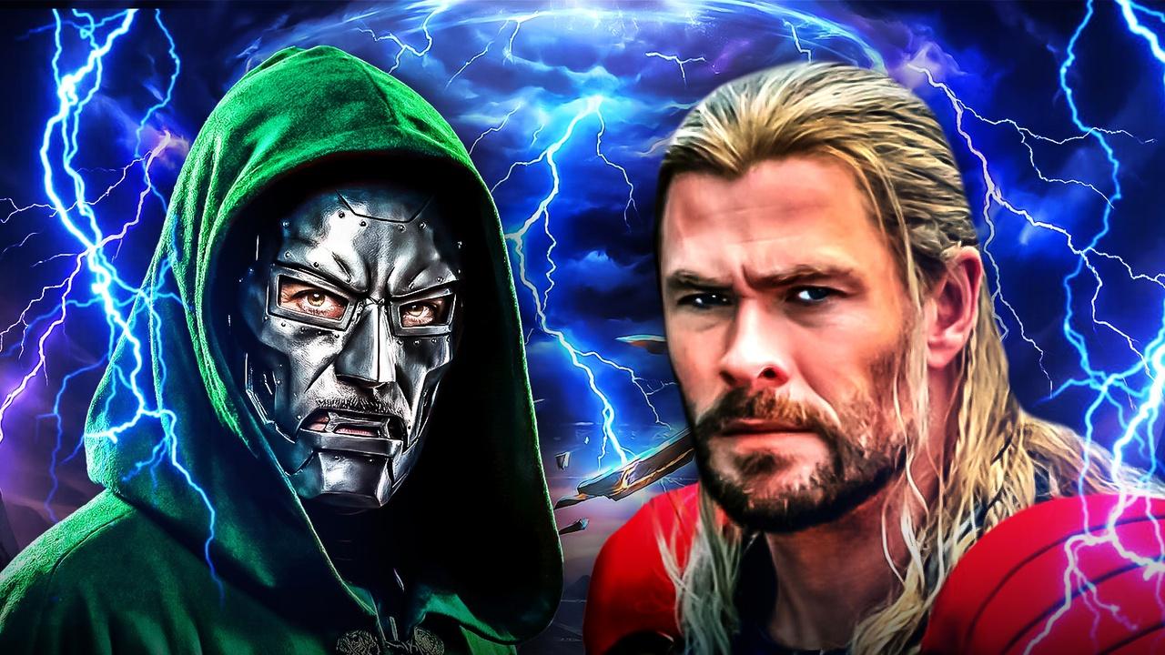Thor and Doctor Doom surrounded by blue lightning.