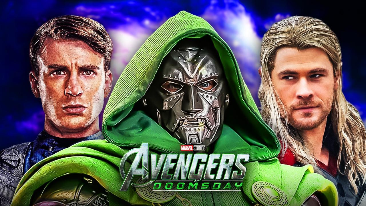 Chris Evans as Captain America, Doctor Doom, Chris Hemsworth as Thor, Avengers: Doomsday title card