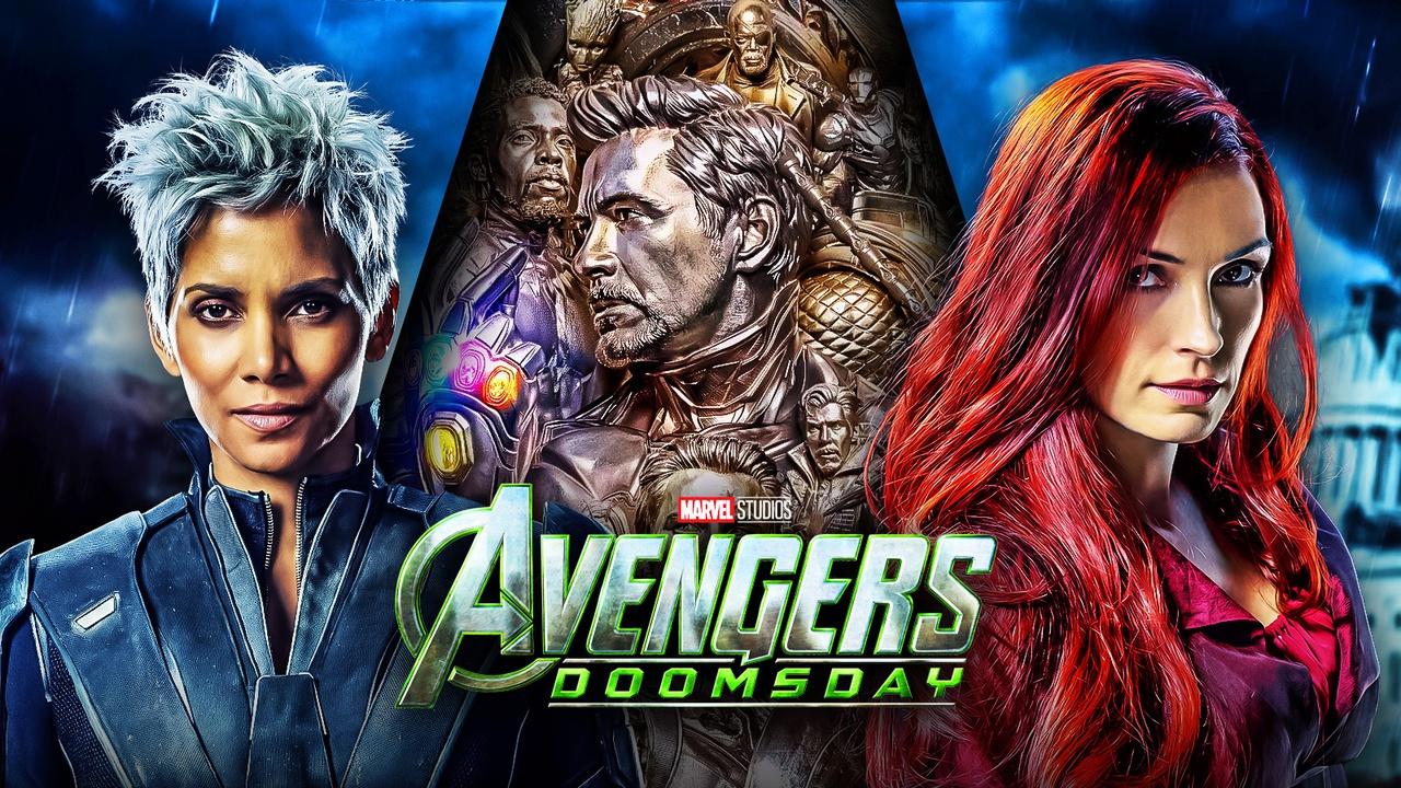 Storm and Jean Grey from the Fox continuity alongside Avengers: Doomsday logo.