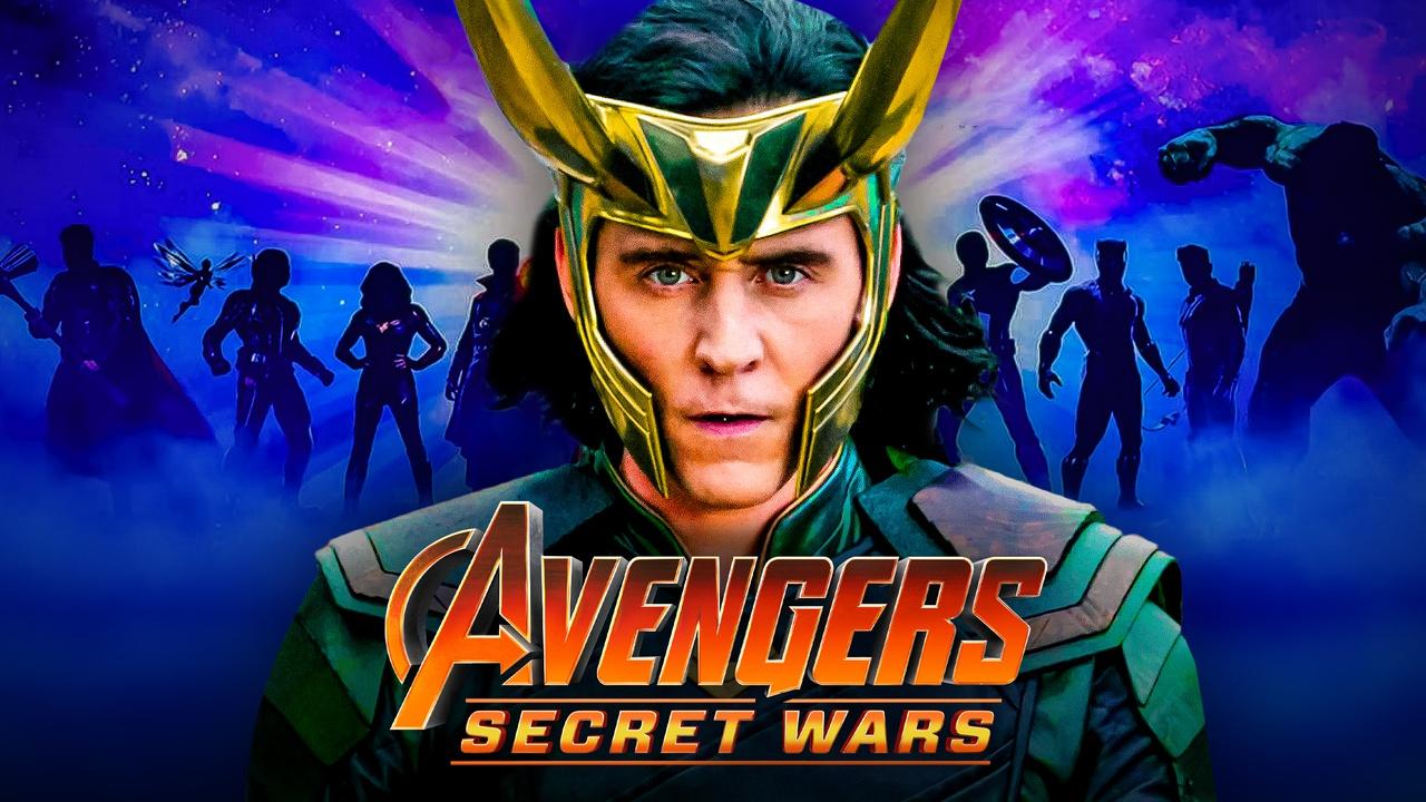 Avengers Secret Wars logo, Loki, MCU heroes silhouettes in background