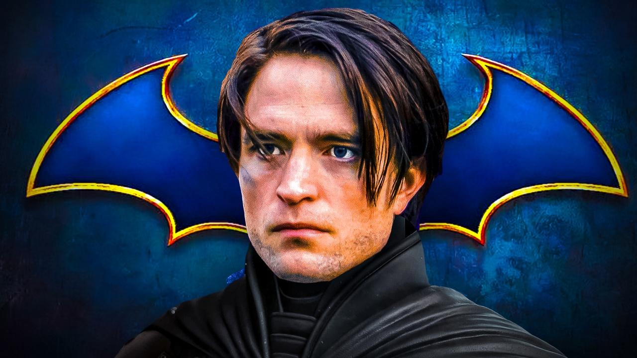 Batman unmasked, played by Robert Pattinson, Batman symbol in background