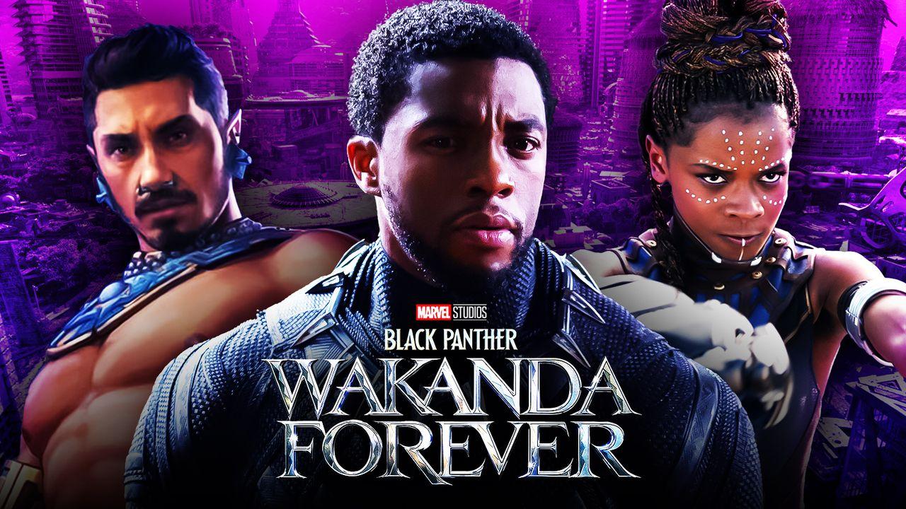 Tenoch Huerta as Namor, Black Panther: Wakanda Forever logo, Chadwick Boseman as T'Challa