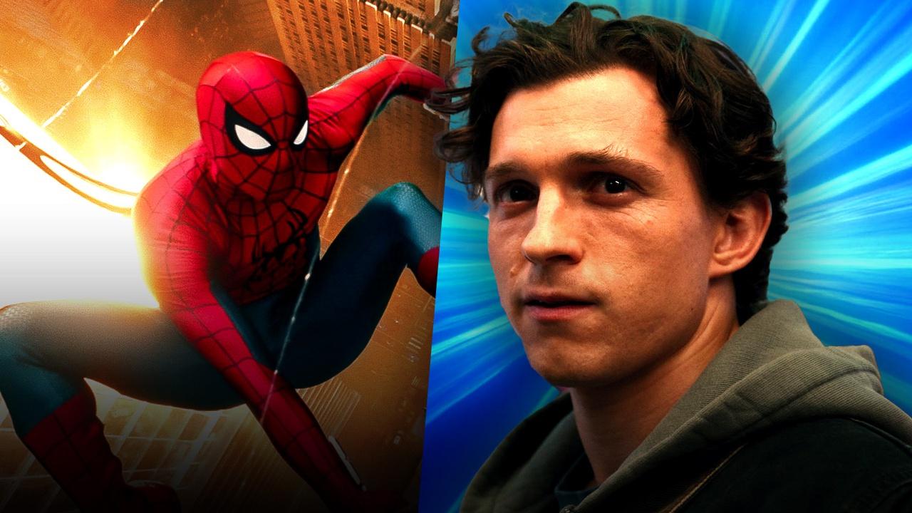 Spider-Man swinging through the air alongside an image of Peter Parker.