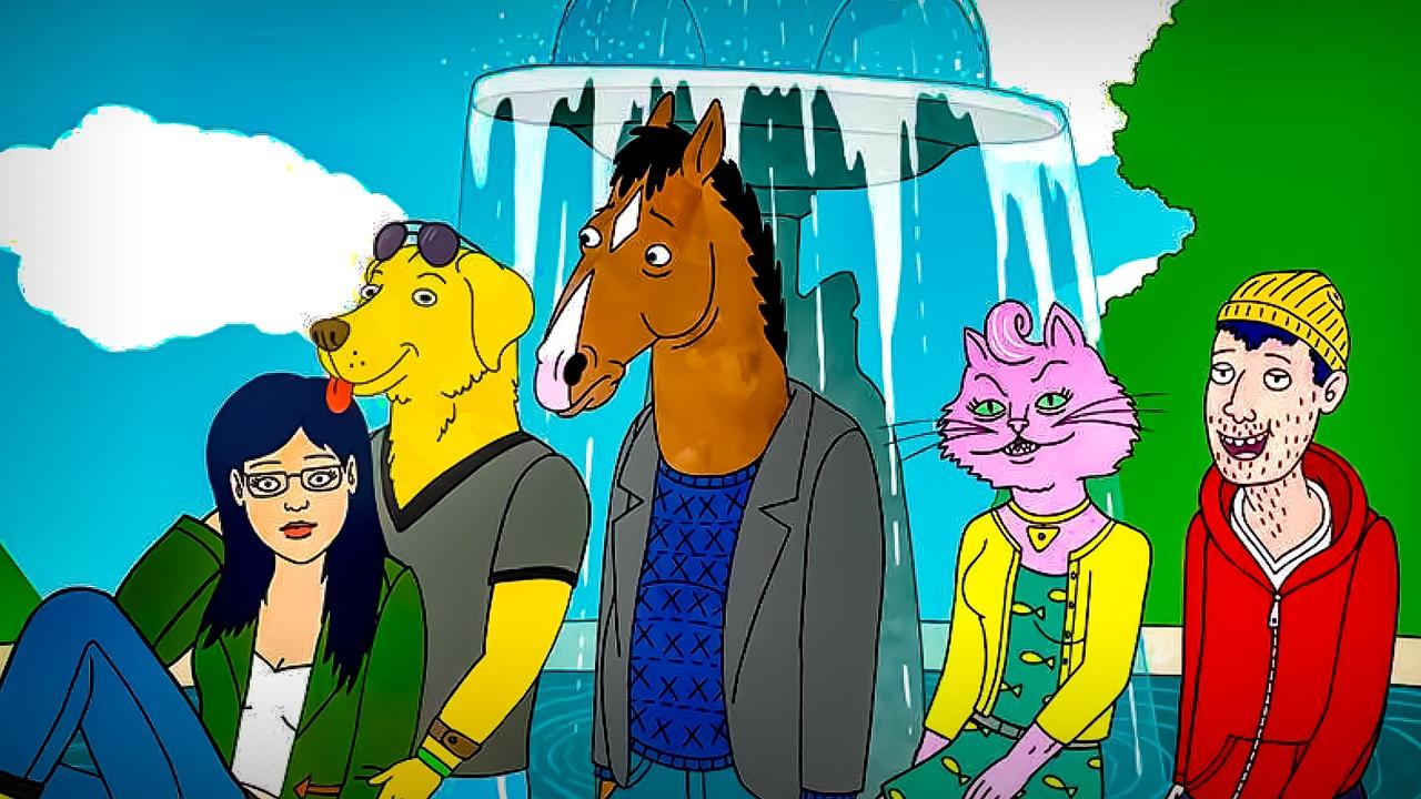Bojack Horseman with main characters Diane, Mr Peanutbutter, Bojack, Princess Carolyn, Todd