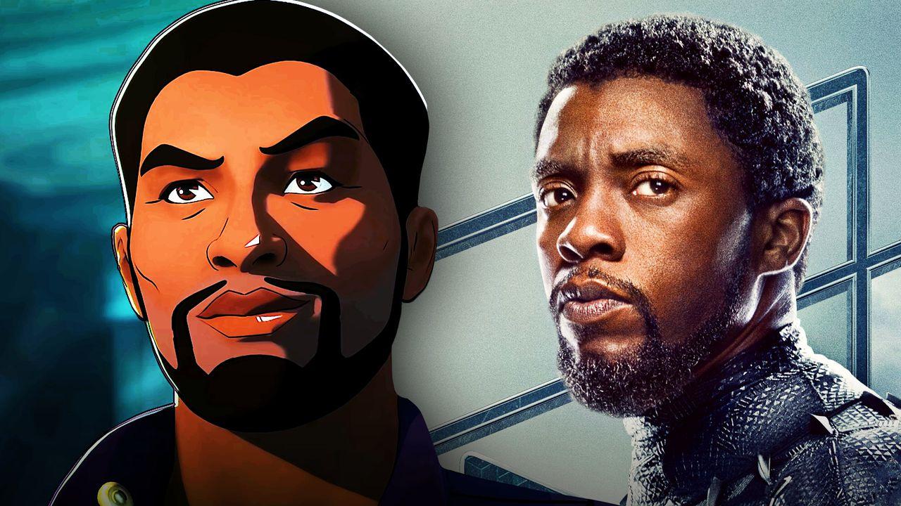 Animated T'Challa on left and Black Panther on right