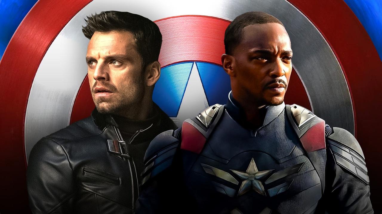Sam Wilson and Bucky Barnes in front of Captain America's shield.
