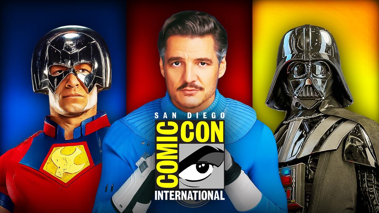 Comic-Con 2025 wallpaper featuring Peacemaker, Fantastic Four Reed Richards, Darth Vader