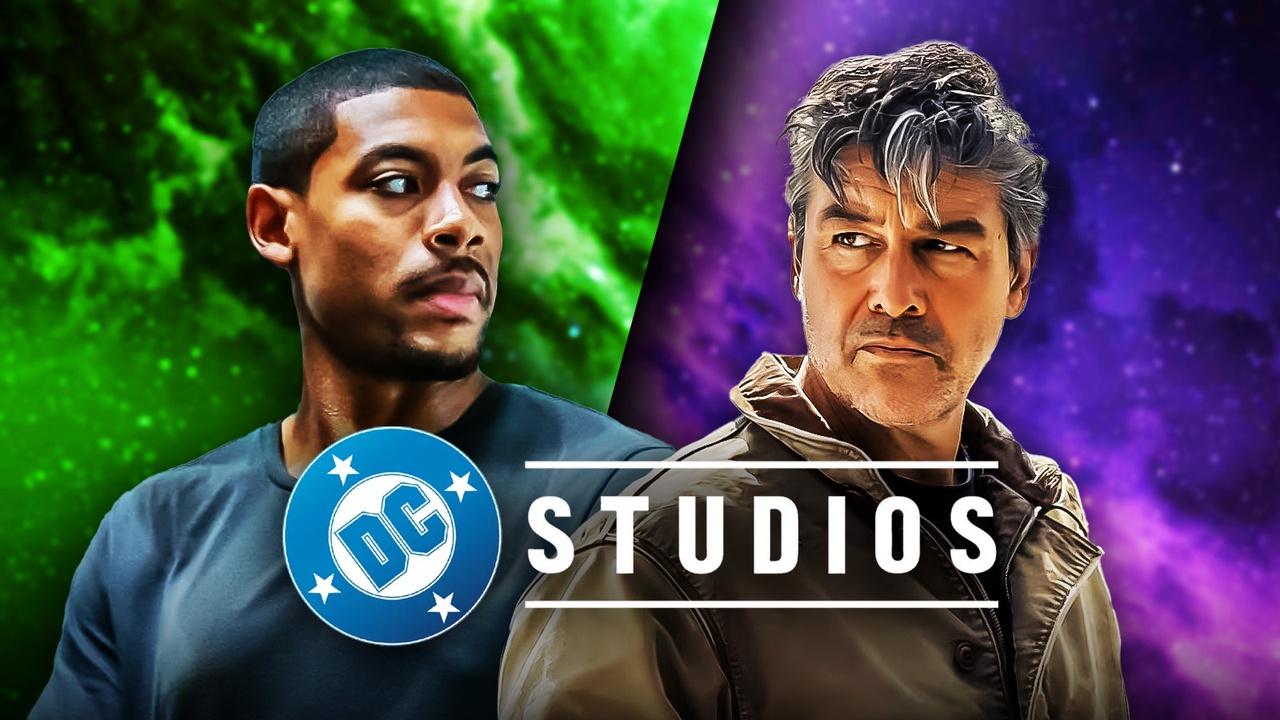 Hal Jordan and John Stewart with space background and DC Studios logo from Lanterns.