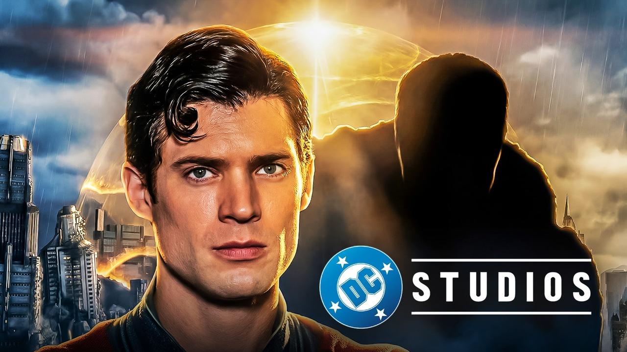 Superman next to the DC Studios logo and in front of Argo City.