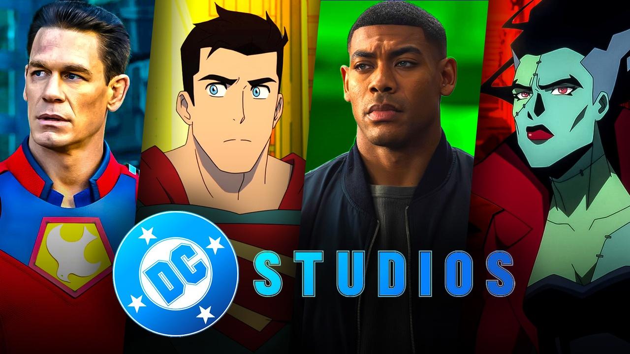 DC Studios logo and TV characters, Peacemaker, Superman, John Stewart, The Bride.
