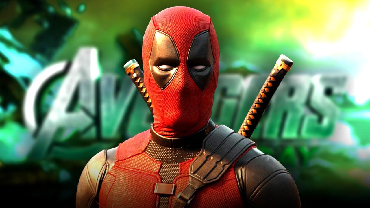 Deadpool in front of Avengers: Doomsday logo.