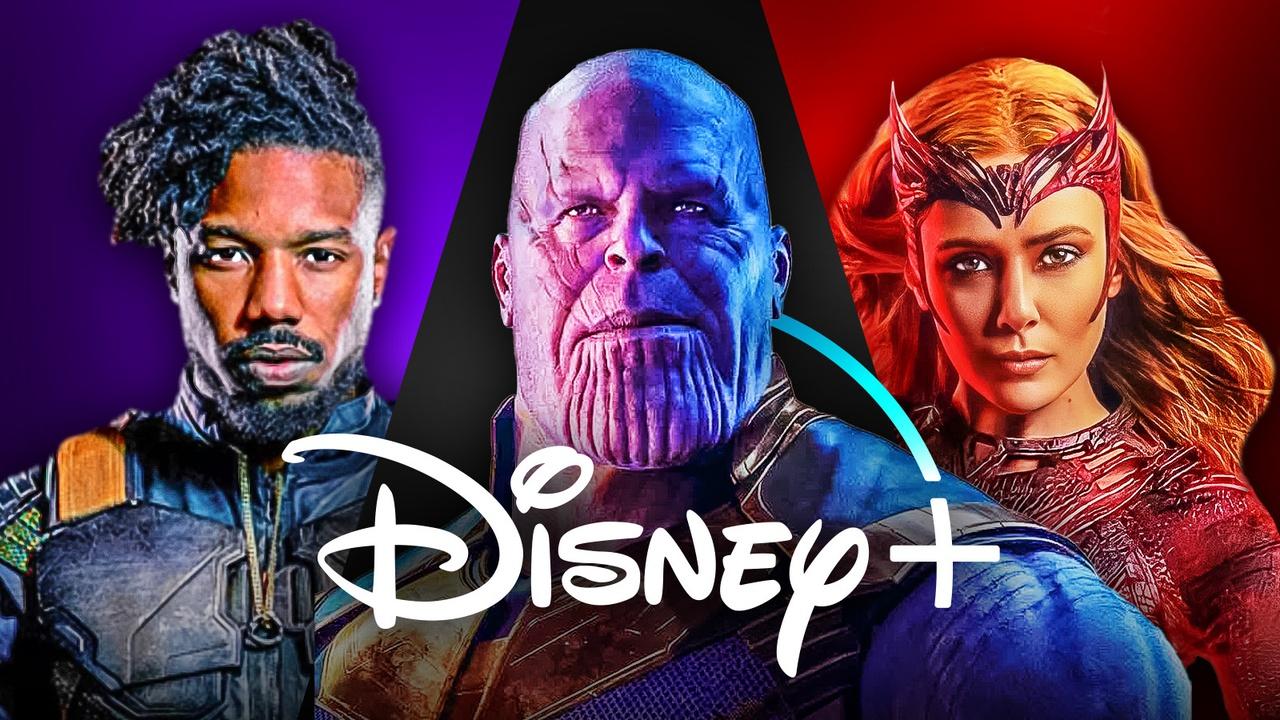 Killmonger, Thanos, and Scarlet Witch, Disney Plus logo