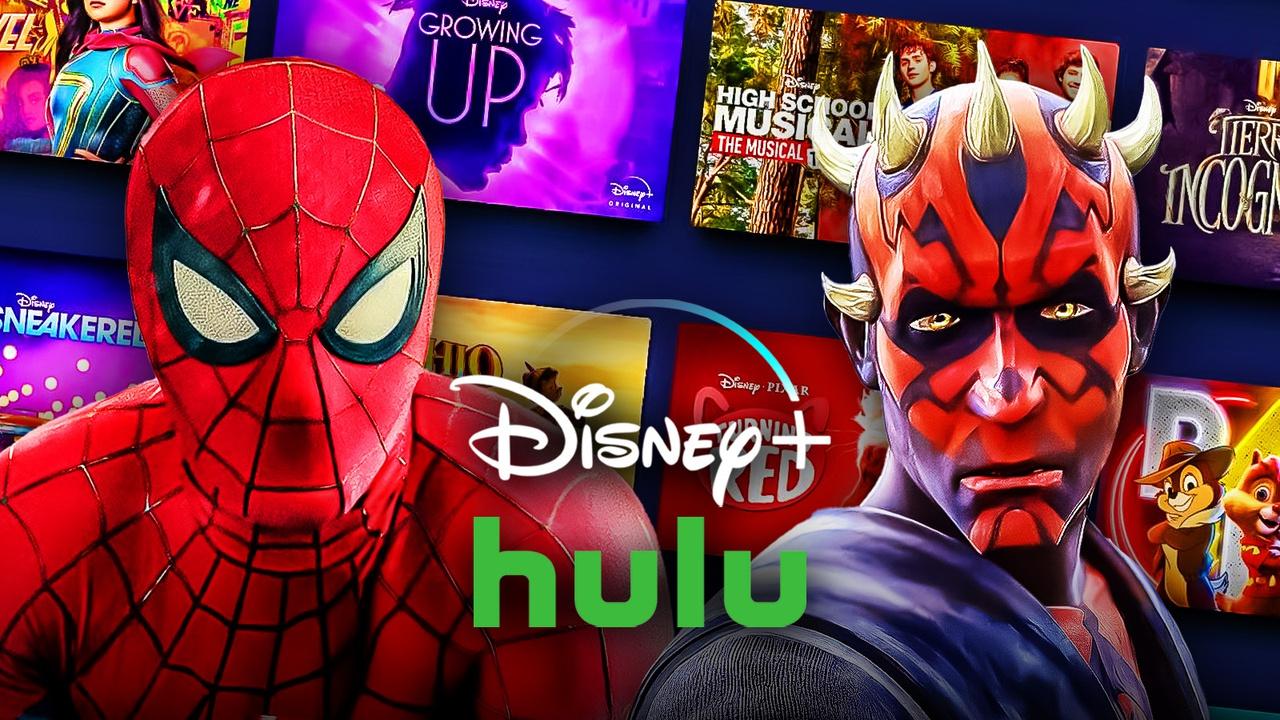 Spider-Man and Darth Maul Disney+ Hulu logos.