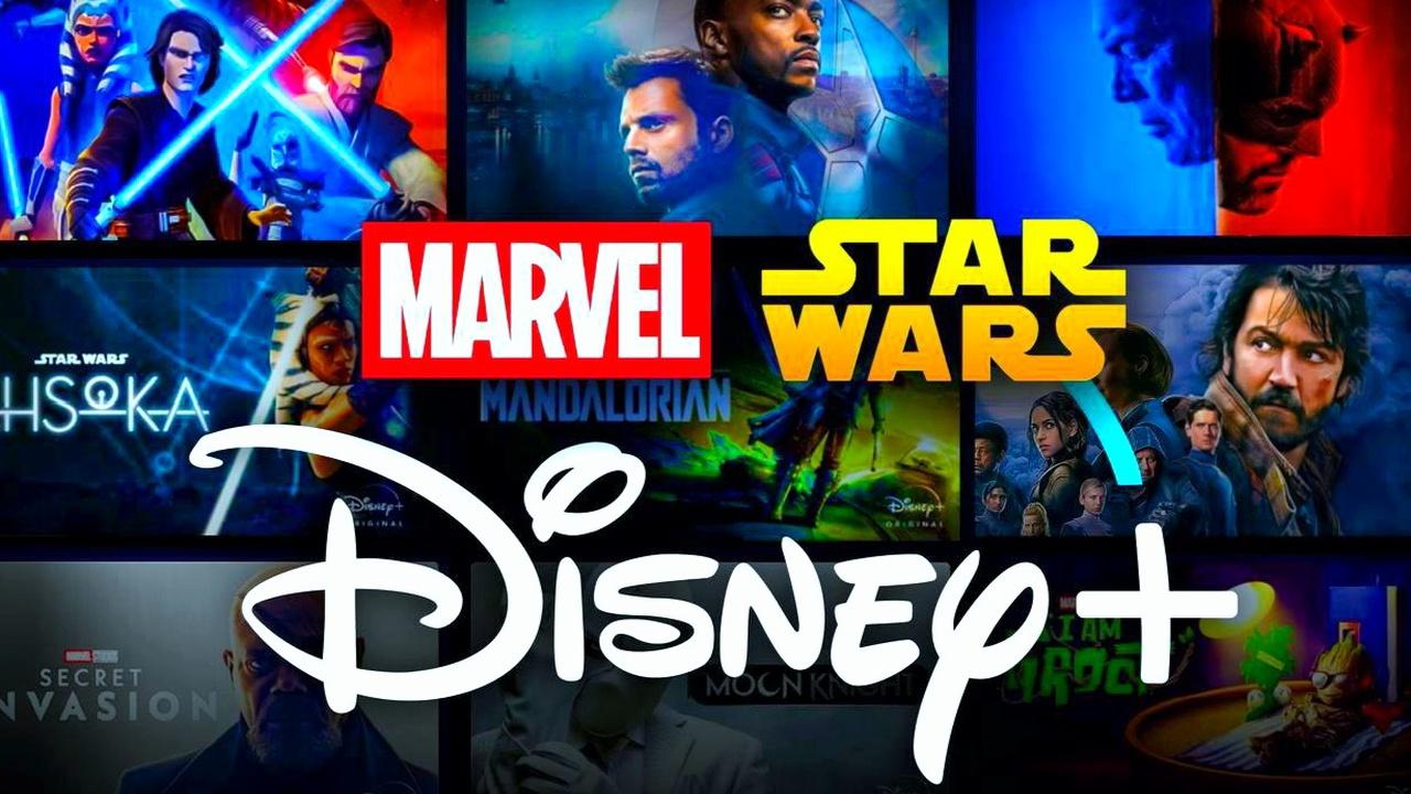 Marvel and Star Wars and Disnry Plus logos with banners
