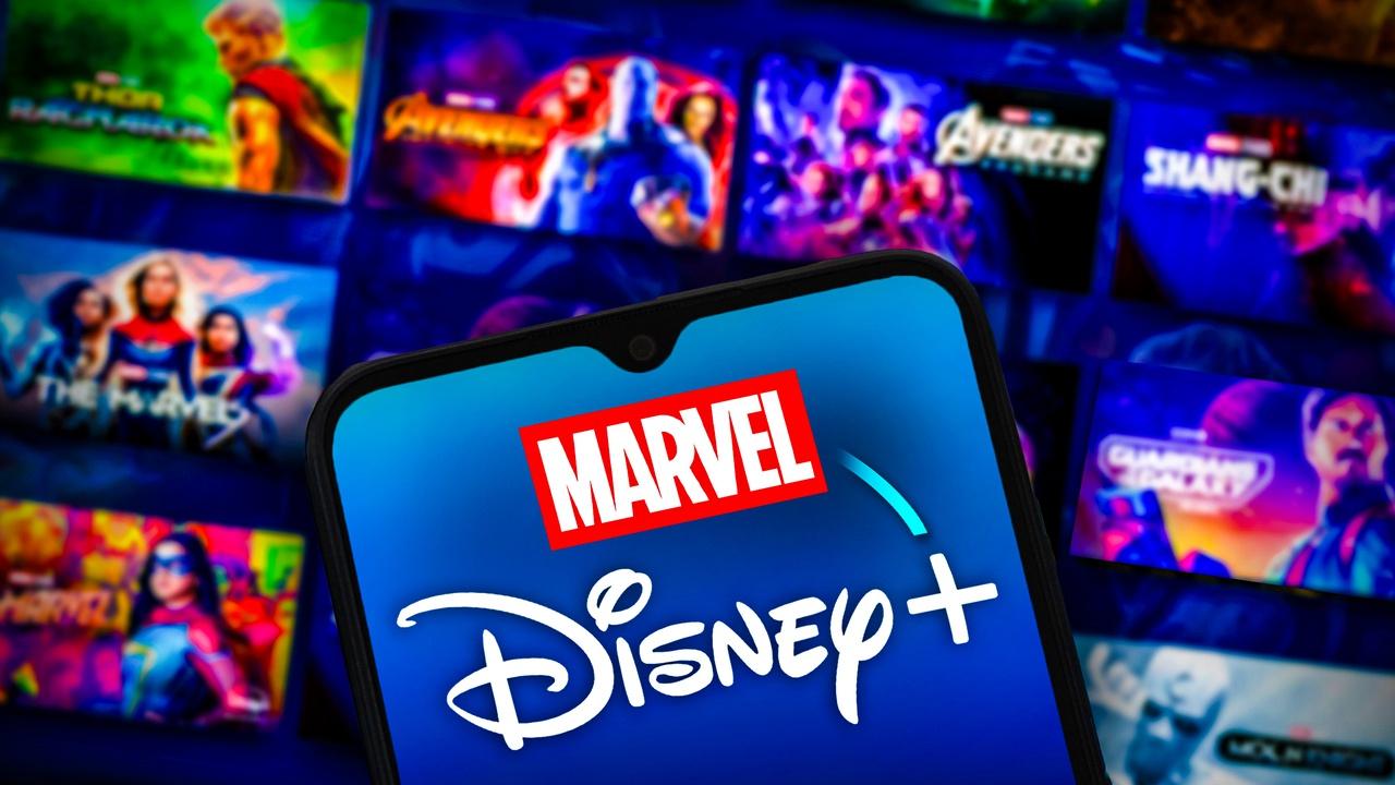 Disney Plus and Marvel logo symbols with Marvel Studios movies in background