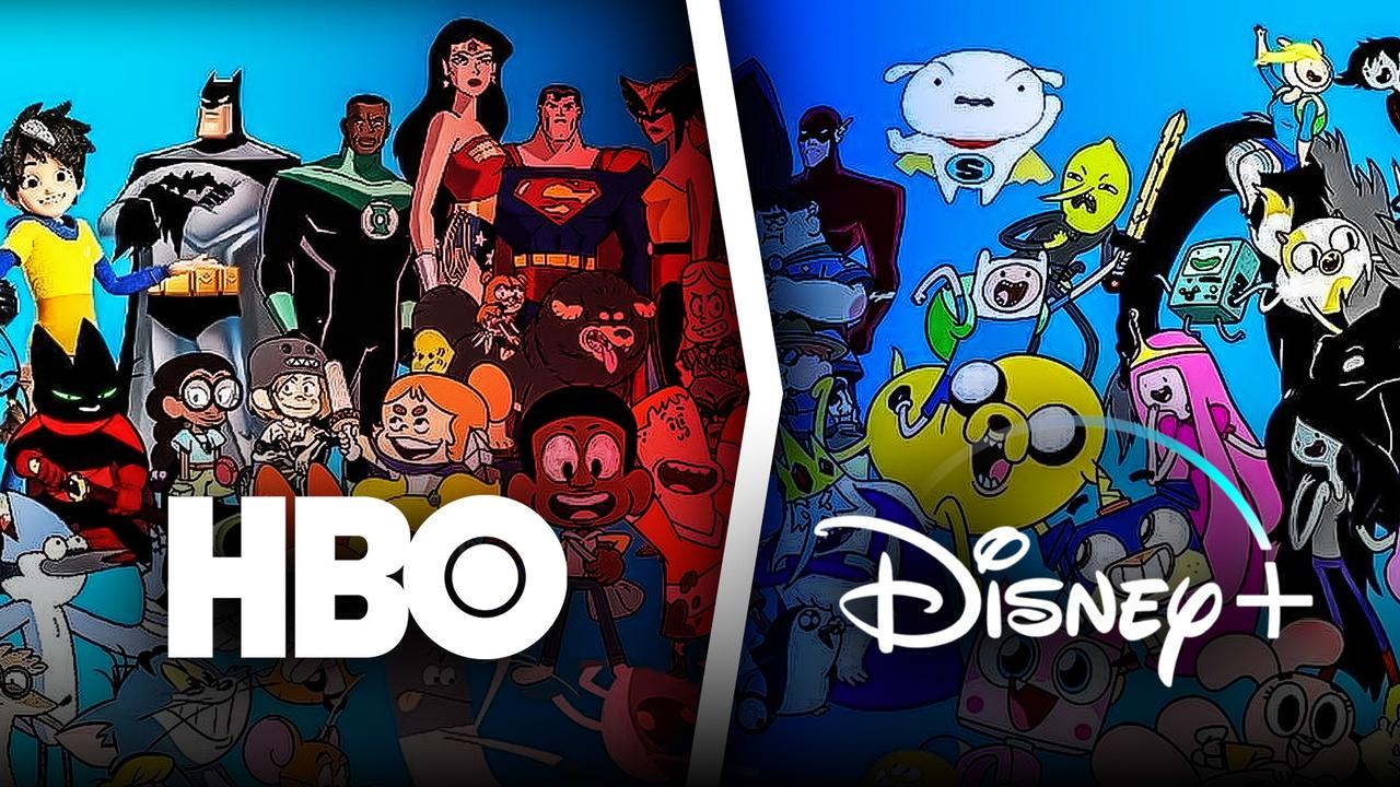 HBO and Disney+ logos on top of various cartoon shows from both services.