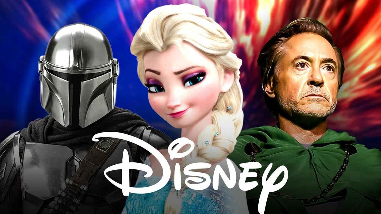 Mandalorian, Elsa and Robert Downey Jr. with Disney logo.