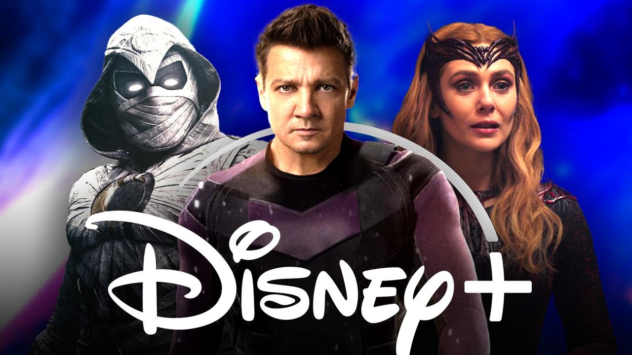 Moon Knight, Jeremy Renner as Hawkeye, Elizabeth Olsen as Wanda, Disney+ logo